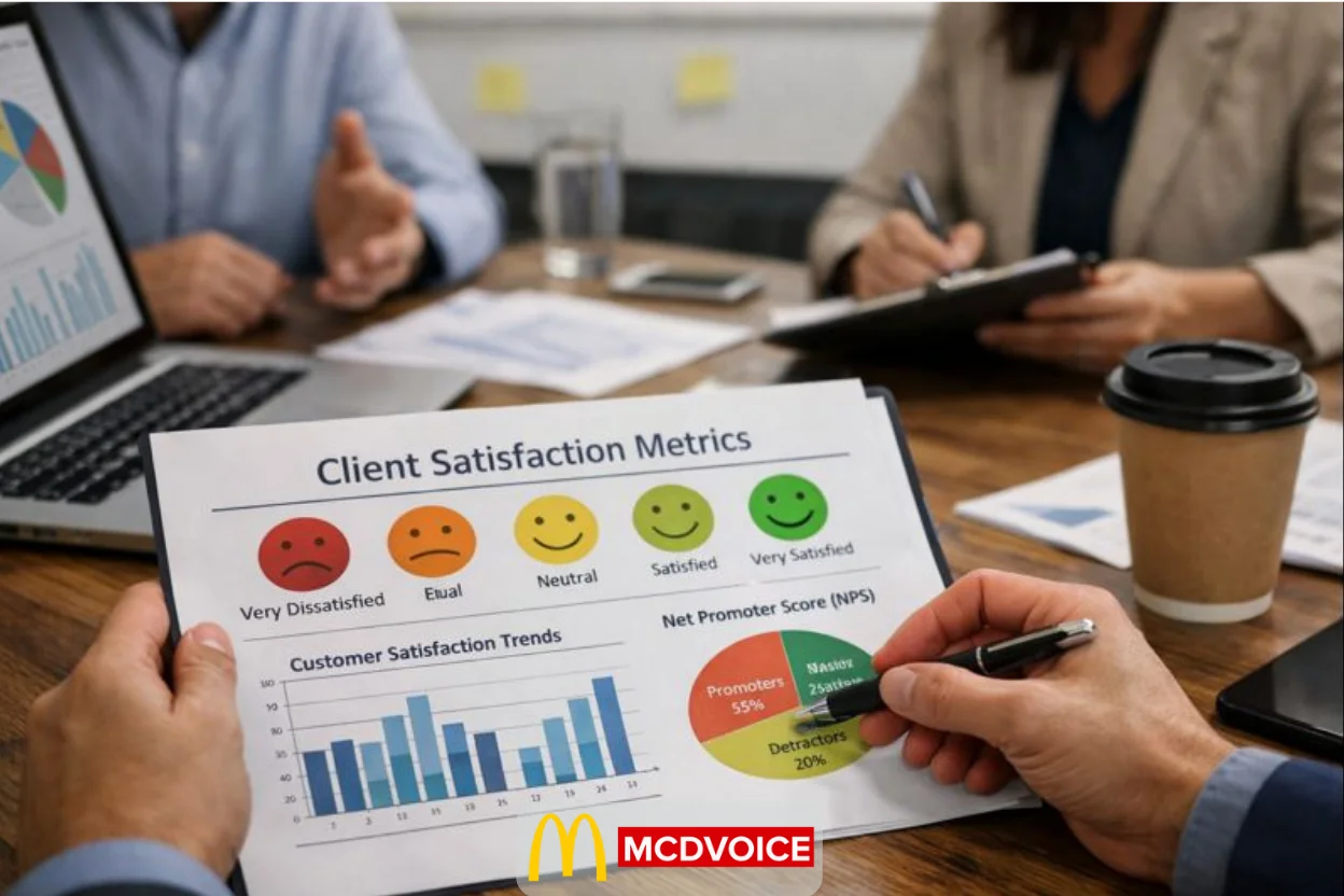 Business team reviewing client satisfaction metrics report with charts and Net Promoter Score during a meeting