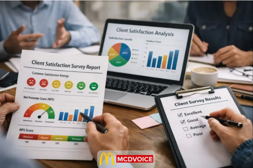 Team reviewing client satisfaction survey reports and metrics during a business meeting.