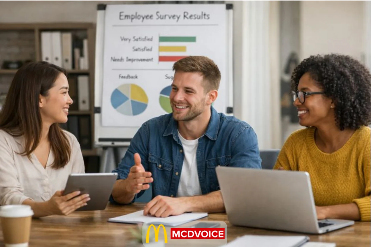 Employees discussing survey results and feedback in a collaborative office meeting