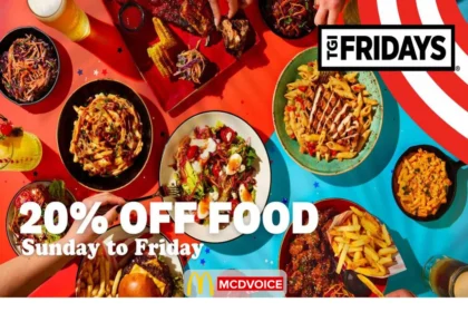 “TGI Fridays 20 percent off food promotion with popular menu dishes”