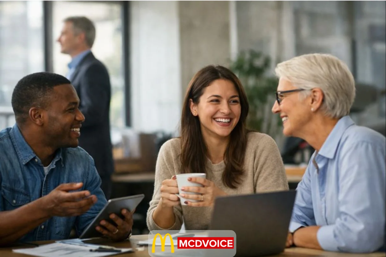 Employees smiling and talking together at a modern office table during a casual work discussion.