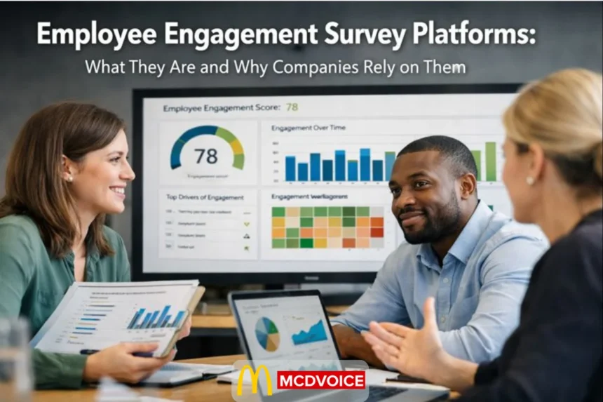 Team reviewing employee engagement survey results on a shared screen during a workplace discussion.