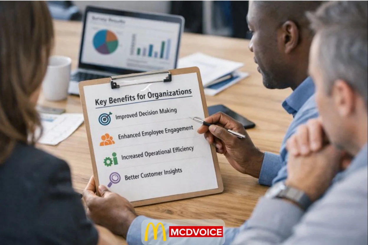 Team reviewing a clipboard highlighting key benefits for organizations during a business meeting.