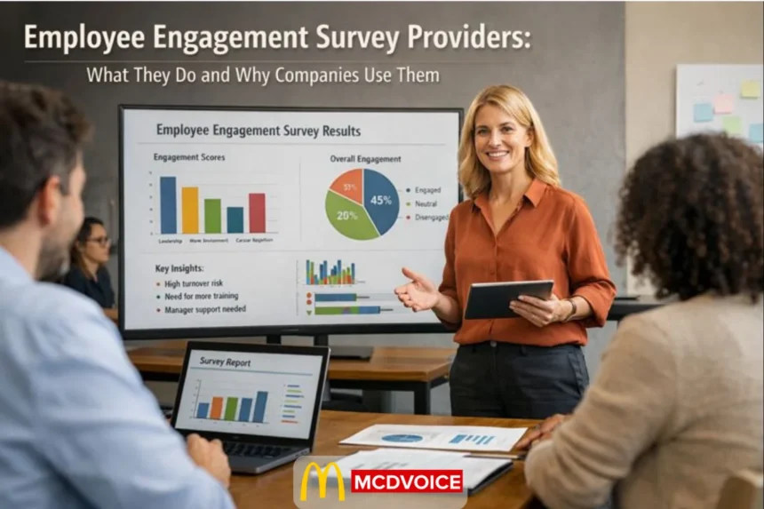 Team reviewing employee engagement survey results during an office meeting