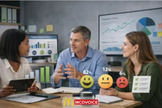 Team reviewing employee engagement survey results with charts and feedback icons in a modern office.