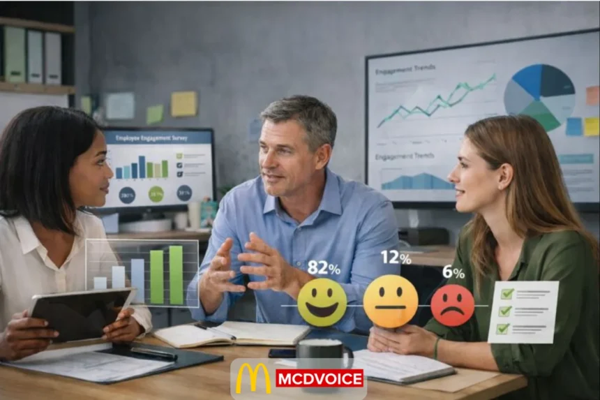 Team reviewing employee engagement survey results with charts and feedback icons in a modern office.
