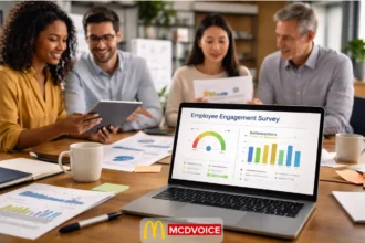 Team reviewing employee engagement survey results on a laptop during a collaborative office meeting.