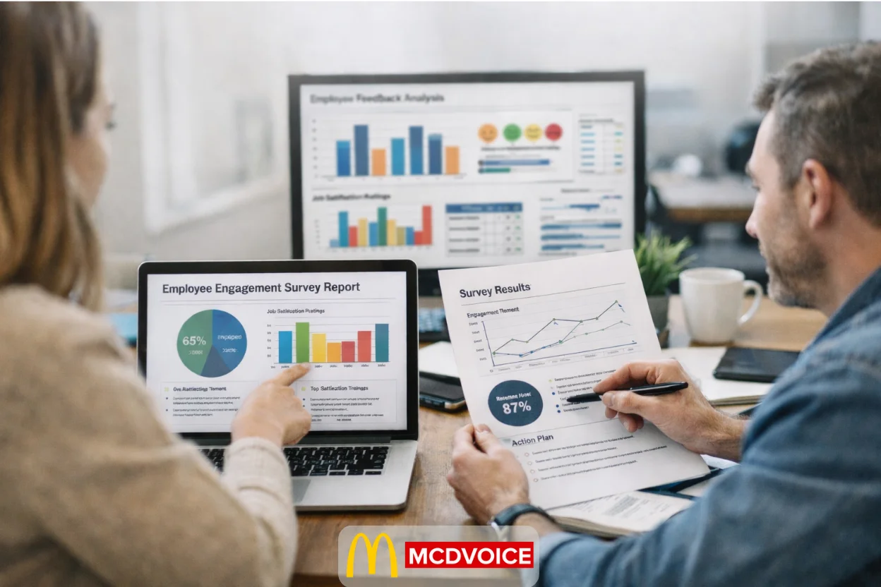 Employees reviewing engagement survey results.