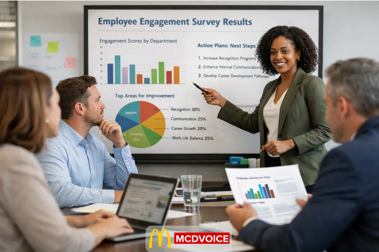 Team reviewing employee engagement survey results during a workplace meeting