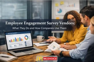 Team reviewing employee engagement survey results during an office discussion.