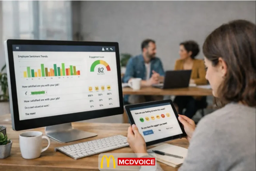 Employee using a tablet to complete a workplace pulse survey while engagement results appear on a desktop screen.