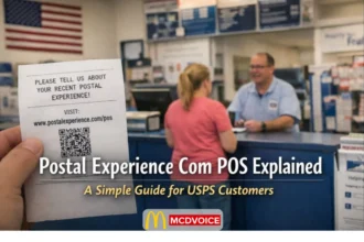 Customer holding USPS receipt with postal experience survey QR code at post office counter