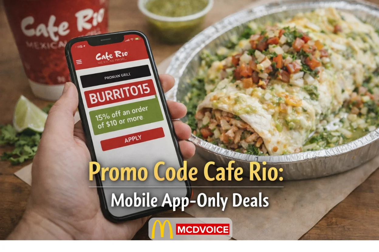 Smartphone showing Cafe Rio app promo code beside a fresh burrito and drink on a table