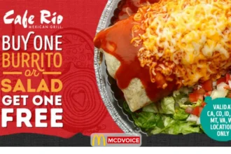 Cafe Rio buy one burrito or salad get one free promotion with plated burrito and salad
