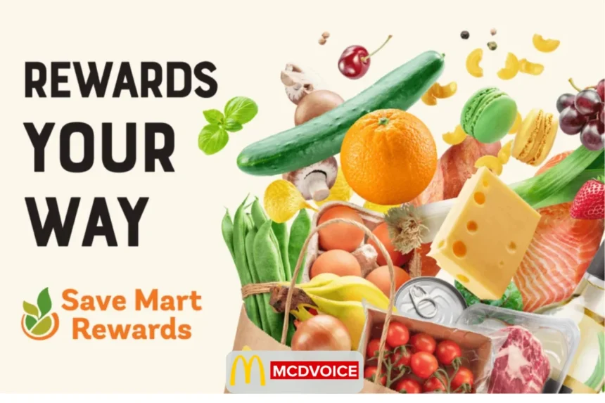 Save Mart Rewards promotion showing groceries like fruits, vegetables, cheese, and meat with rewards branding.