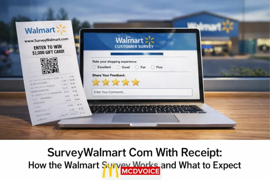 Laptop showing Walmart Customer Survey next to a receipt with QR code for entering a $1,000 gift card, with a Walmart store in the background
