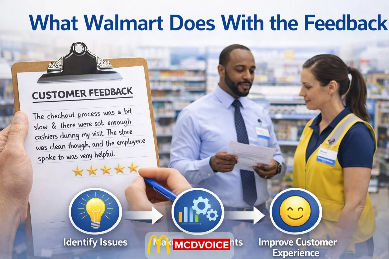 A Walmart manager reviews customer feedback on a clipboard with an employee in the store, illustrating steps to identify issues, make improvements, and enhance customer experience.