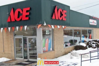 Ace Hardware storefront with red logo signage on a winter day
