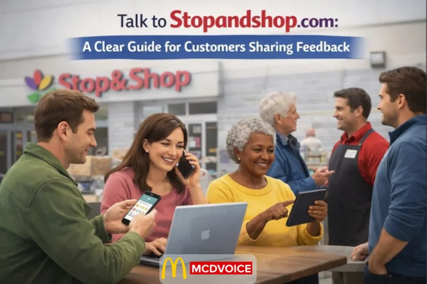 Customers sharing feedback using phones and tablets inside a Stop & Shop store