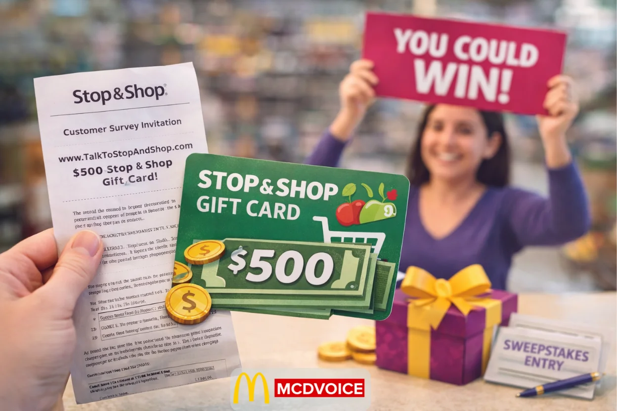 Customer holding Stop & Shop receipt and gift card promoting Talk to Stopandshop com survey rewards