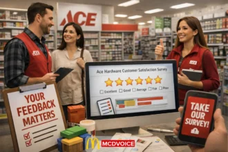 Customer and Ace Hardware staff discussing feedback near a store counter with a visible customer satisfaction survey screen.