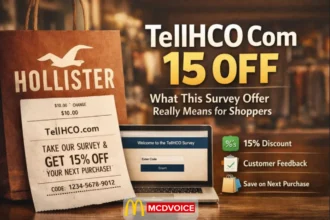 Hollister receipt and shopping bag beside a laptop showing a “survey not available” message, explaining why TellHCO 15% off can’t be found later.