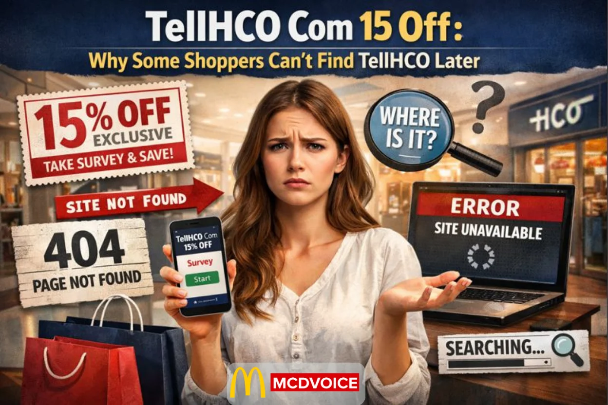 Confused shopper holding phone with 15% off survey offer, facing 404 page not found and site unavailable errors.