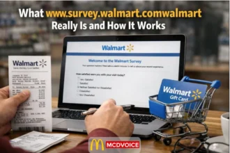 Person completing Walmart customer survey on a laptop with receipt and gift card on a table