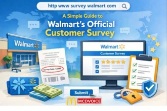 Illustration showing Walmart customer survey with receipt code, survey screen, and feedback icons.