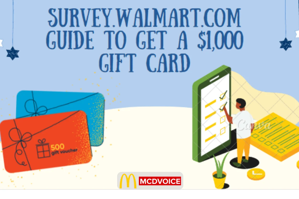Illustration showing survey.walmart.com guide with gift cards and a person completing an online survey.