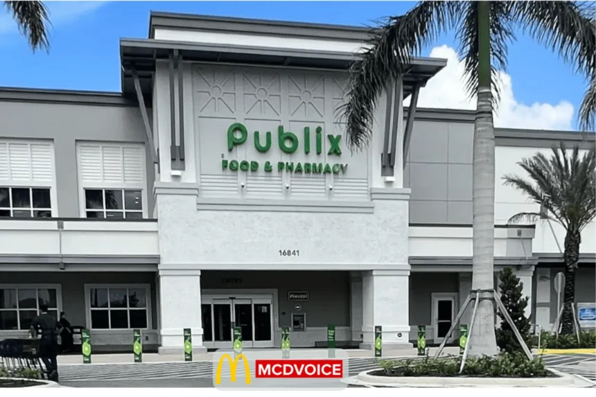 Publix Food & Pharmacy store exterior with entrance, logo signage, and palm trees in front.