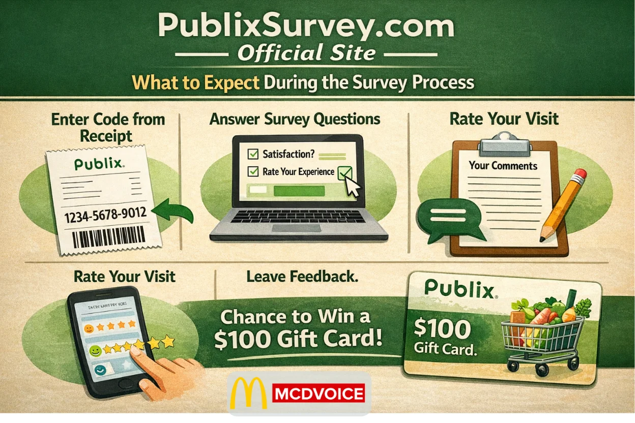 Publix survey process showing receipt code entry, answering questions, rating visit, leaving feedback, and gift card chance.