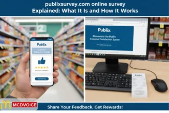 Publix online customer satisfaction survey shown on phone and desktop with grocery aisle background.