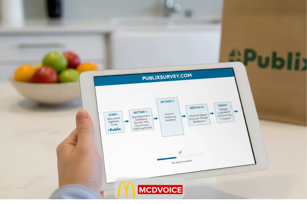Tablet showing Publix online survey steps from start to completion on a kitchen table.