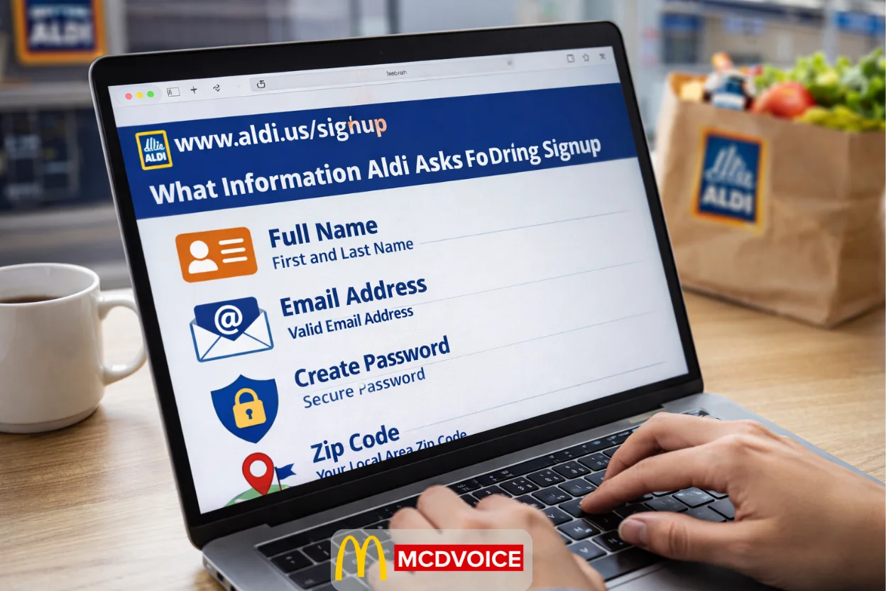 “Person typing on a laptop showing the ALDI US signup page with required registration fields.”