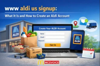 Aldi US account signup shown on laptop and phone with grocery items and delivery icons in the background.