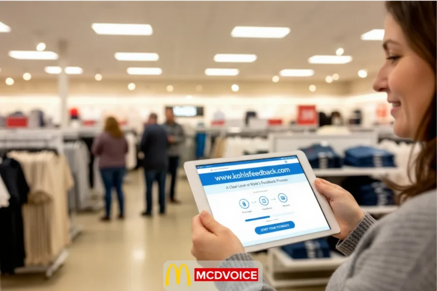 Shopper viewing Kohl’s feedback survey on a tablet inside a retail store.