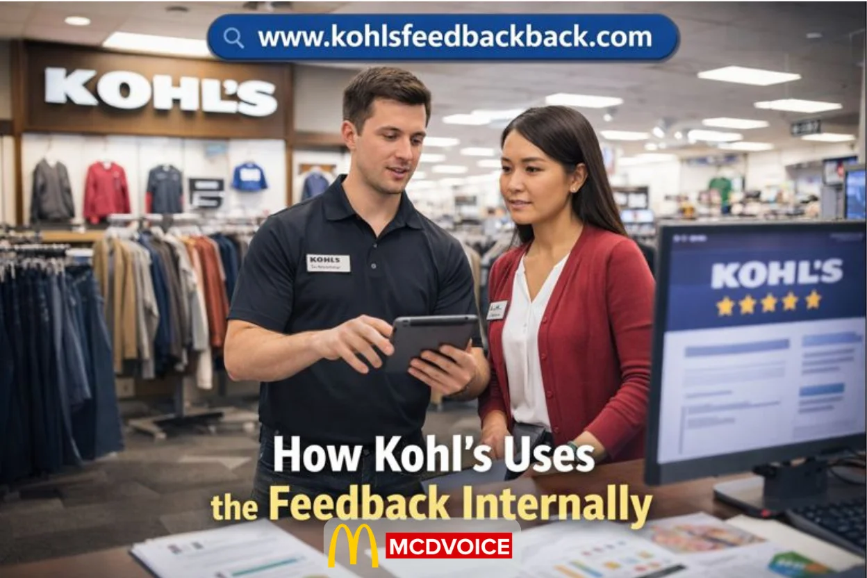 Kohl&rsquo;s store employees reviewing customer feedback on a tablet inside a retail store.