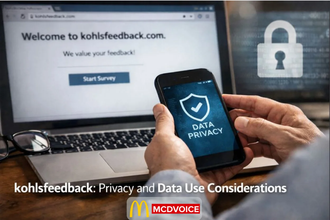 Laptop showing KohlsFeedback survey page with a hand holding a smartphone displaying a data privacy icon.