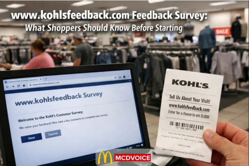 Kohl’s store interior showing customer feedback survey on a screen and a printed receipt with survey details.