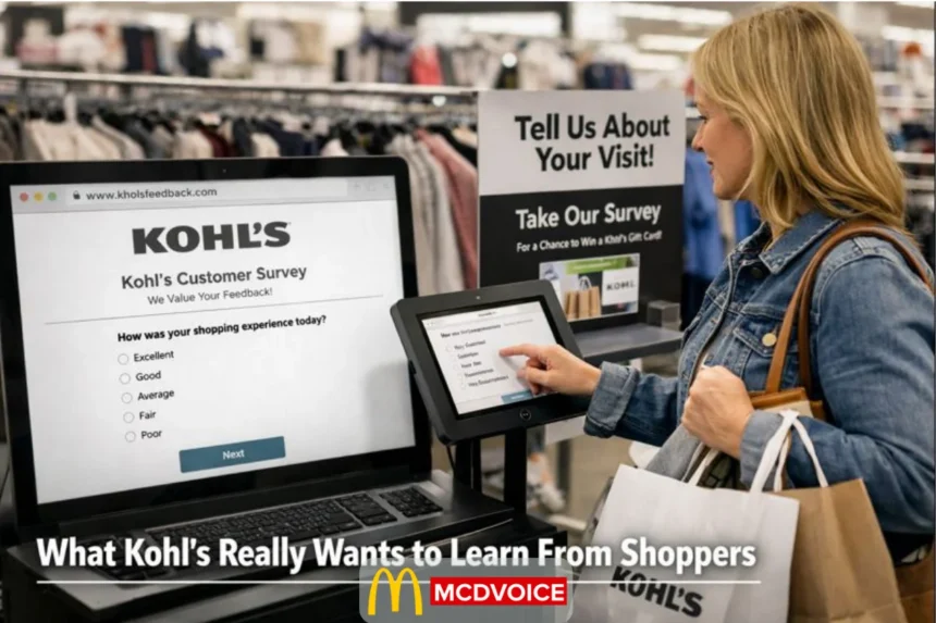 Shopper completing a Kohl’s customer feedback survey on an in-store tablet near clothing racks.