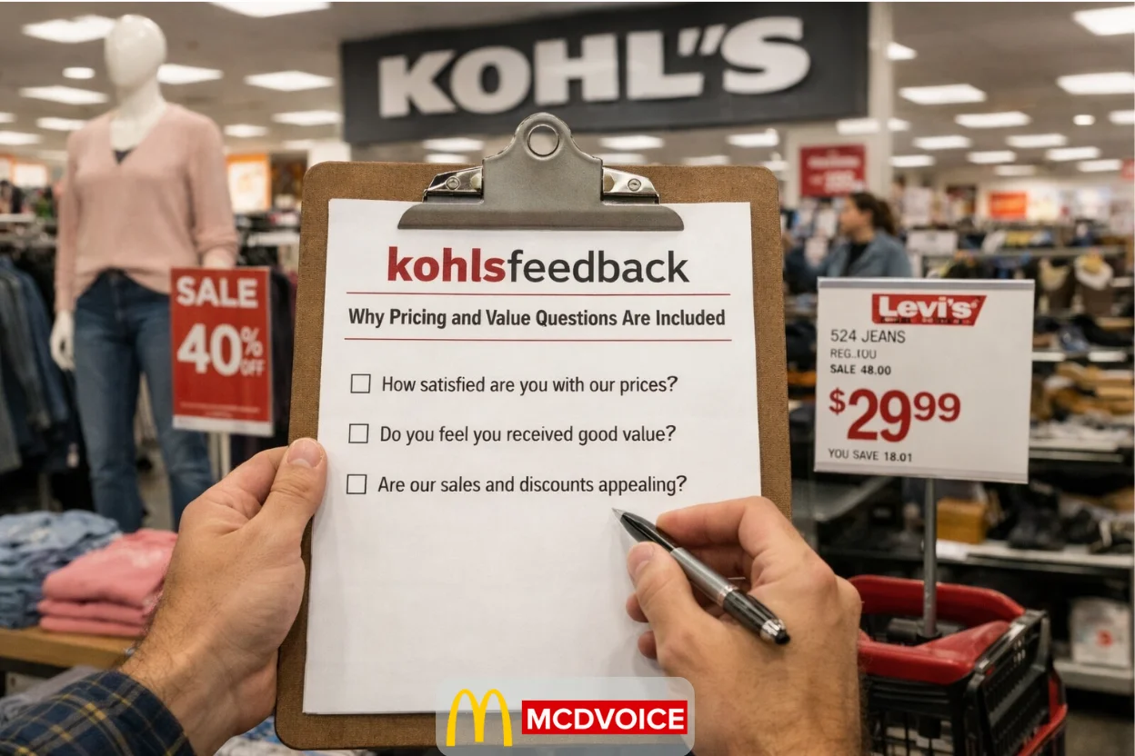 Hand holding a kohlsfeedback survey clipboard inside a Kohl’s store, with sale signs and clothing displays in the background.