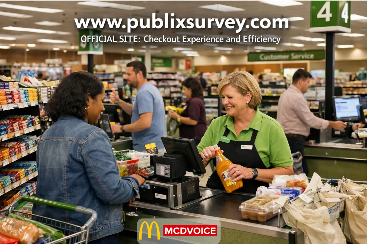 Publix cashier efficiently checking out a customer at a busy grocery store checkout counter.