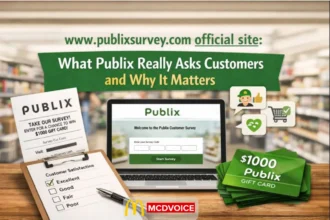 Publix customer survey displayed on laptop with receipt, satisfaction checklist, and gift cards inside a grocery store.