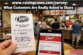 Raising Cane’s receipt and smartphone showing customer satisfaction survey inside the restaurant