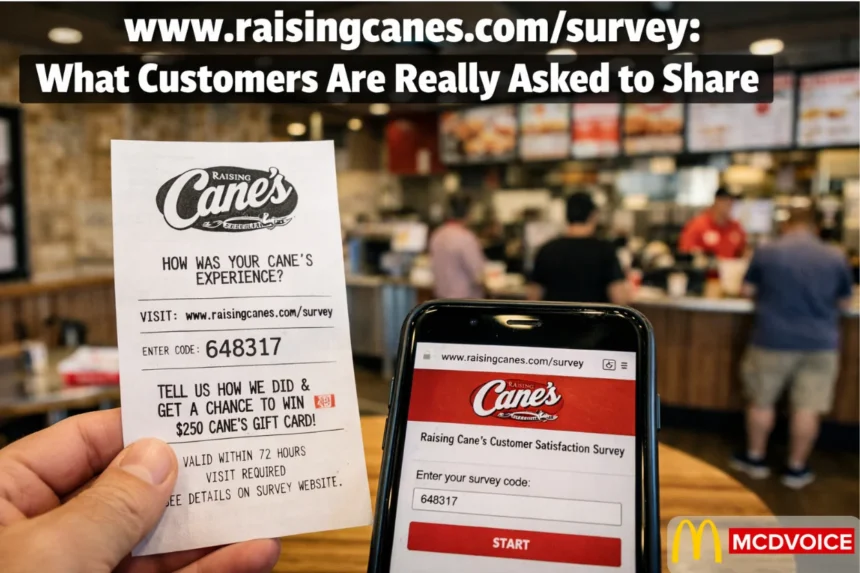Raising Cane’s receipt and smartphone showing customer satisfaction survey inside the restaurant