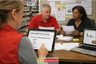 Retail staff reviewing customer feedback survey results on a tablet during an in-store meeting.