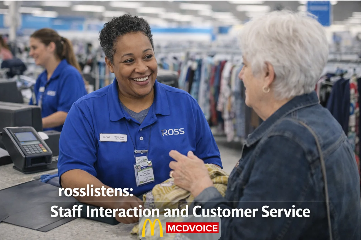 Ross store employee smiling while assisting a customer at the checkout counter.