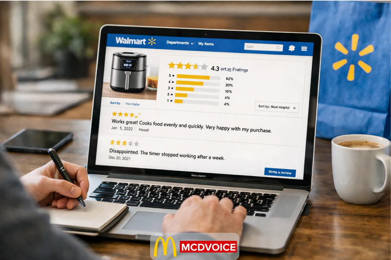 Person reviewing Walmart product ratings and written customer feedback on a laptop at home.