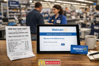 Walmart customer survey displayed on a tablet beside a receipt and gift card at a store counter, with staff assisting a shopper in background.